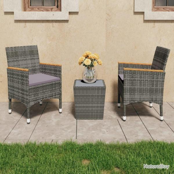 Ensemble de bistro 3 pcs Rsine tresse et verre tremp Gris