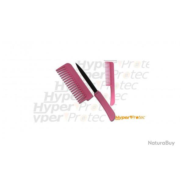 Peigne  cheveux rose self defense avec couteau cach
