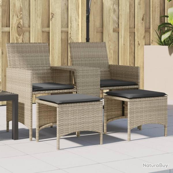 Canap de jardin 2 places avec table tabourets gris clair rotin