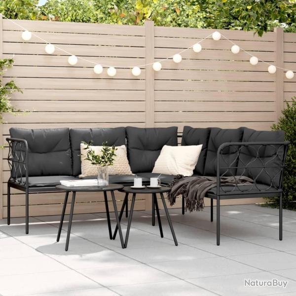 Canap de jardin avec coussins forme de L noir acier textilne
