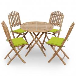 Mobilier à dîner d'extérieur pliable 5 pcs avec coussins bambou