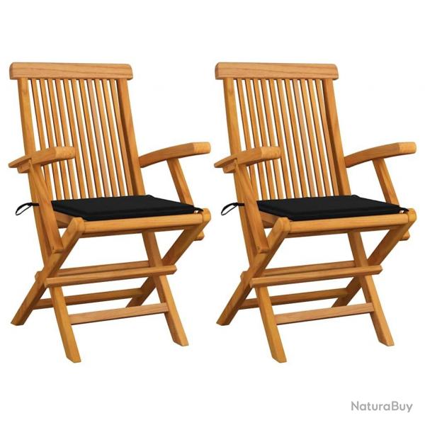 Chaises de jardin et coussins noir lot de 2 Bois de teck massif