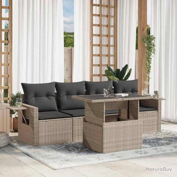 Salon de jardin 5 pcs avec coussins gris clair rsine tresse