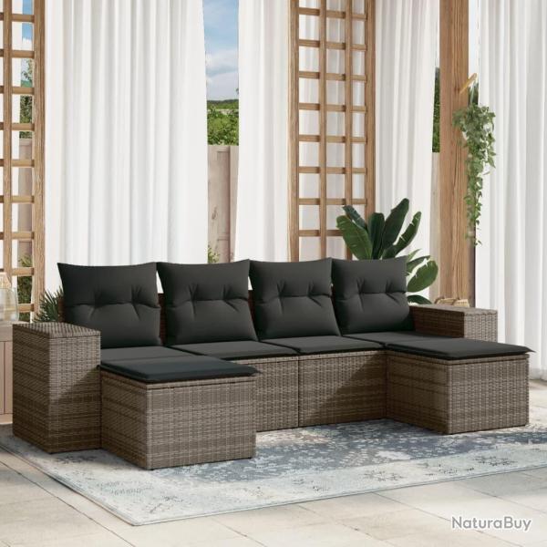 Salon de jardin 6 pcs avec coussins gris rsine tresse