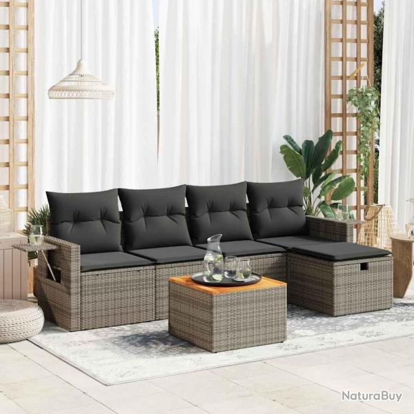 Salon de jardin 6 pcs avec coussins gris rsine tresse