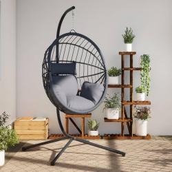 Chaise suspendue forme d'oeuf et support gris clair rotin acier