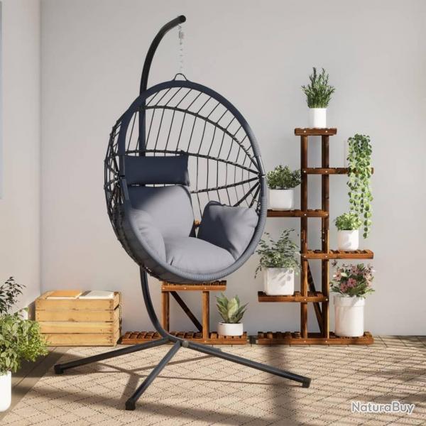 Chaise suspendue forme d'oeuf et support gris clair rotin acier