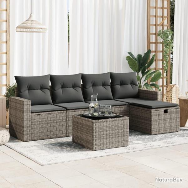 Salon de jardin 6 pcs avec coussins gris rsine tresse