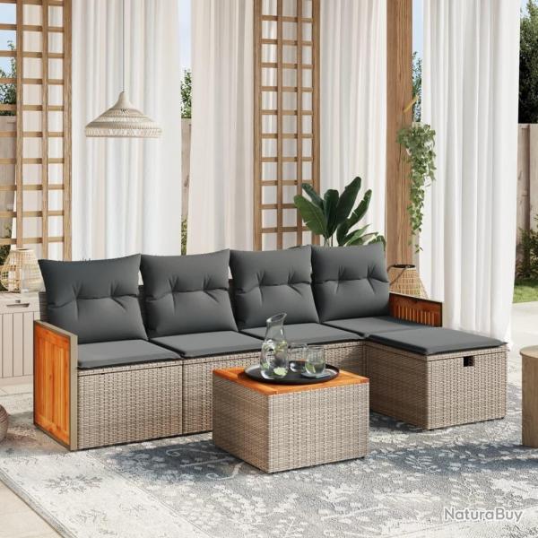 Salon de jardin 6 pcs avec coussins gris rsine tresse