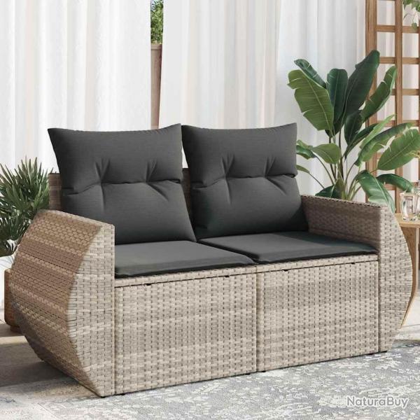 Canap de jardin 2 places et coussins gris clair rsine tresse