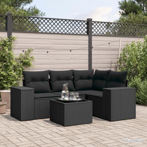 Salon de jardin 5 pcs avec coussins noir rsine tresse
