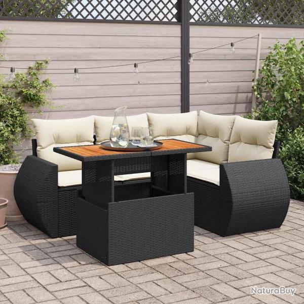 Salon de jardin 5 pcs avec coussins noir rsine tresse