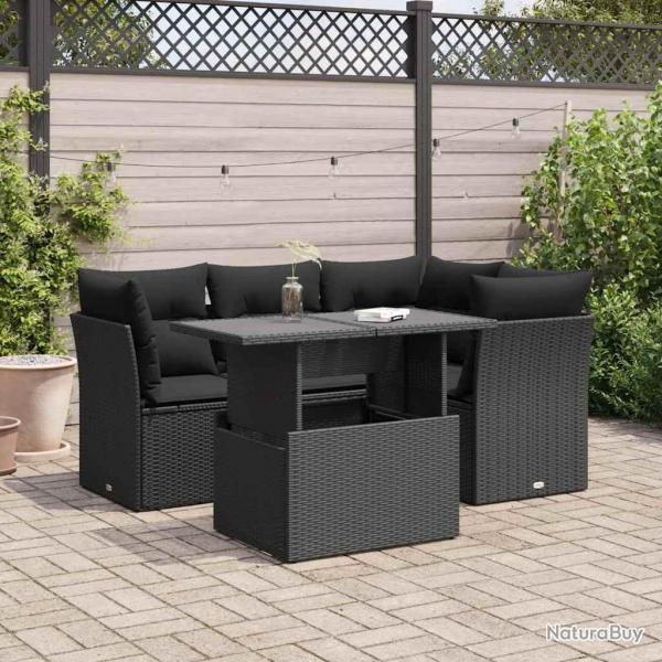 Salon de jardin 5 pcs avec coussins noir rsine tresse