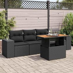 Salon de jardin 5 pcs avec coussins noir résine tressée