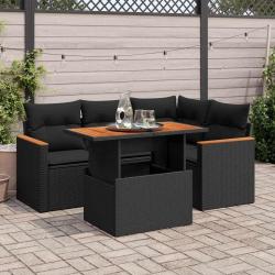 Salon de jardin 5 pcs avec coussins noir résine tressée acacia