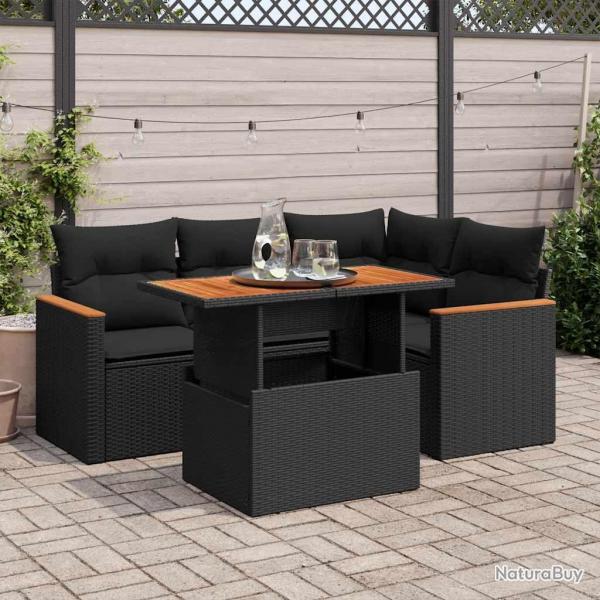 Salon de jardin 5 pcs avec coussins noir rsine tresse acacia