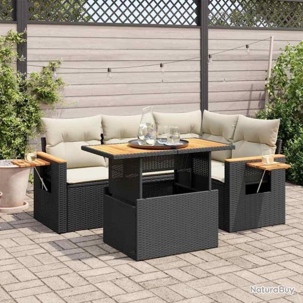 Salon de jardin 5 pcs avec coussins noir rsine tresse acacia