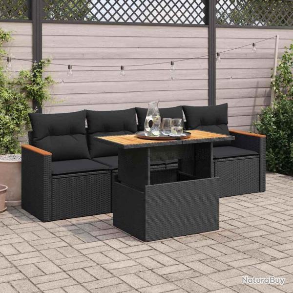Salon de jardin 5 pcs avec coussins noir rsine tresse acacia