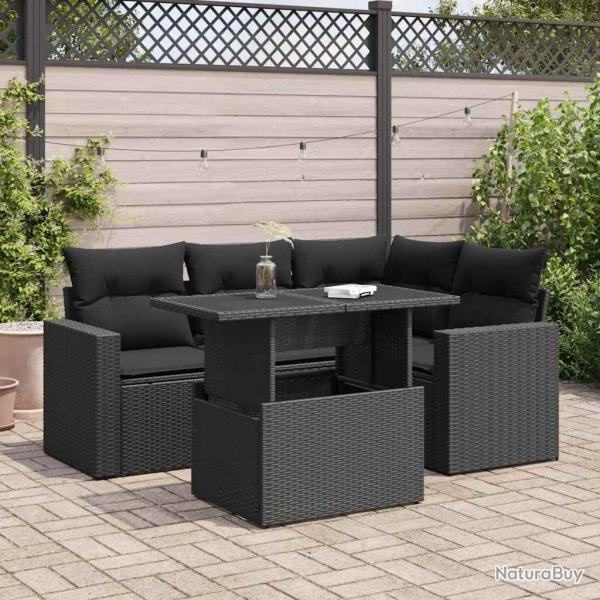 Salon de jardin 5 pcs avec coussins noir rsine tresse