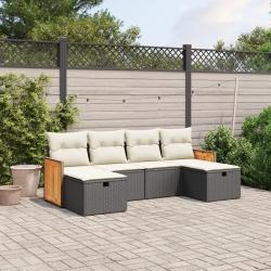 Salon de jardin 6 pcs avec coussins noir résine tressée