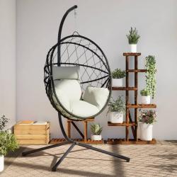 Chaise suspendue en forme d'oeuf et support beige rotin et acier