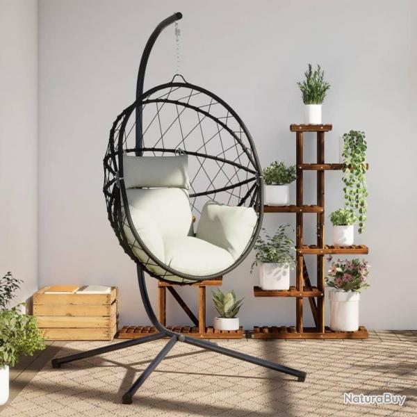 Chaise suspendue en forme d'oeuf et support beige rotin et acier