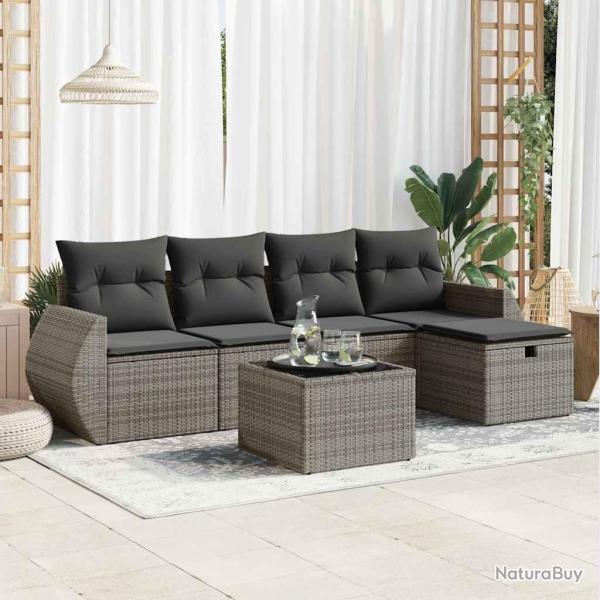 Salon de jardin 6 pcs avec coussins gris rsine tresse