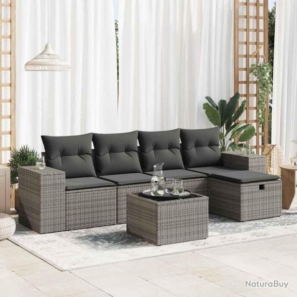 Salon de jardin 6 pcs avec coussins gris rsine tresse