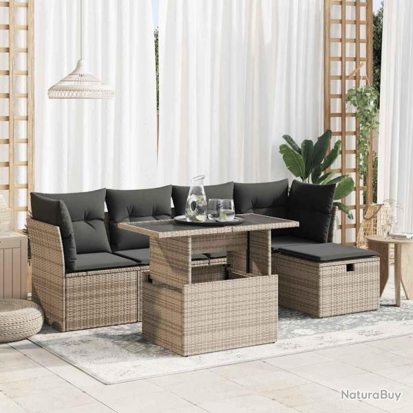 Salon de jardin 6 pcs avec coussins gris rsine tresse