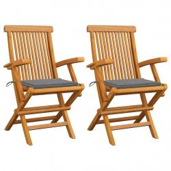 Chaises de jardin avec coussins gris lot de 2 Bois teck massif