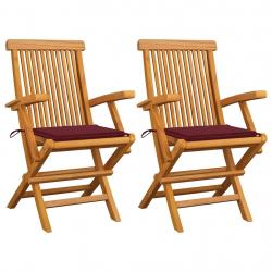 Chaises de jardin coussins rouge bordeaux lot de 2 Teck massif