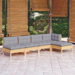 Salon de jardin 5 pcs avec coussins gris bois de pin