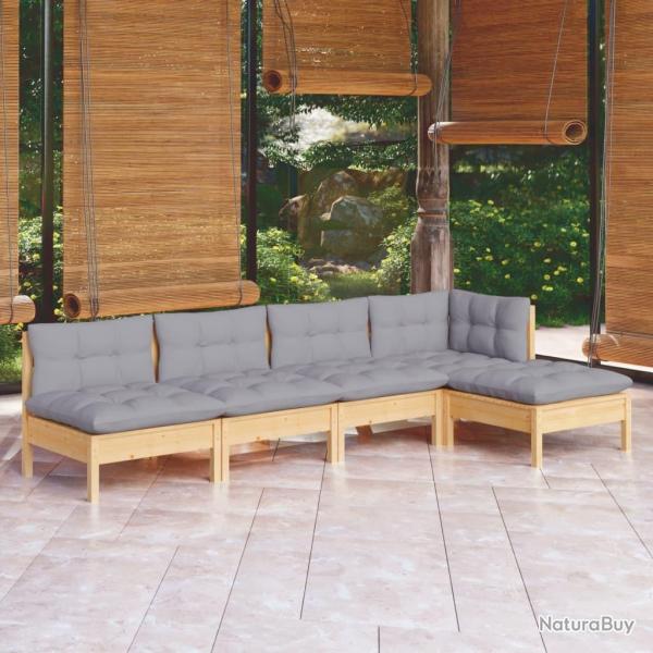 Salon de jardin 5 pcs avec coussins gris bois de pin