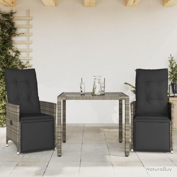 Ensemble de bistro de jardin 3 pcs coussins gris poly rotin