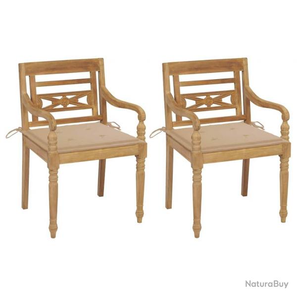 Chaises Batavia lot de 2 et coussins beige Bois de teck massif
