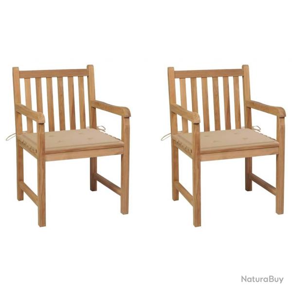 Chaises de jardin lot de 2 et coussins beige Bois teck massif