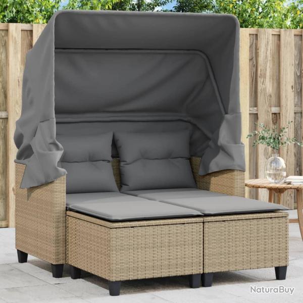 Canap de jardin 2 places avec auvent et tabourets beige rotin