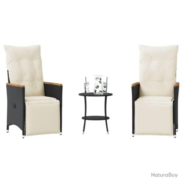 Ensemble de bistro 3 pcs avec coussins noir rsine tresse