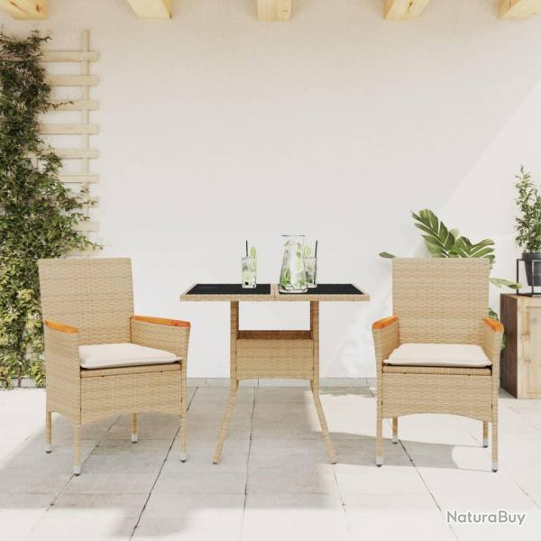 Ensemble  manger de jardin et coussins 3 pcs beige rotin verre