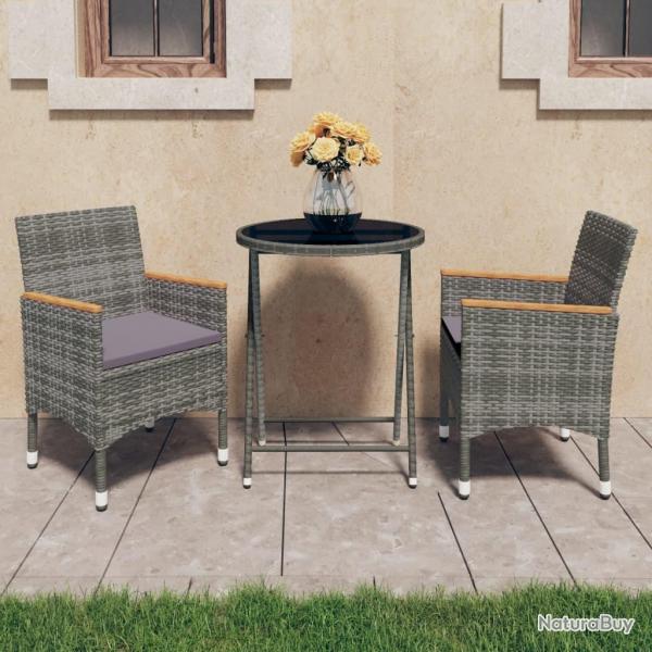 Ensemble de bistro 3 pcs Rsine tresse et verre tremp Gris