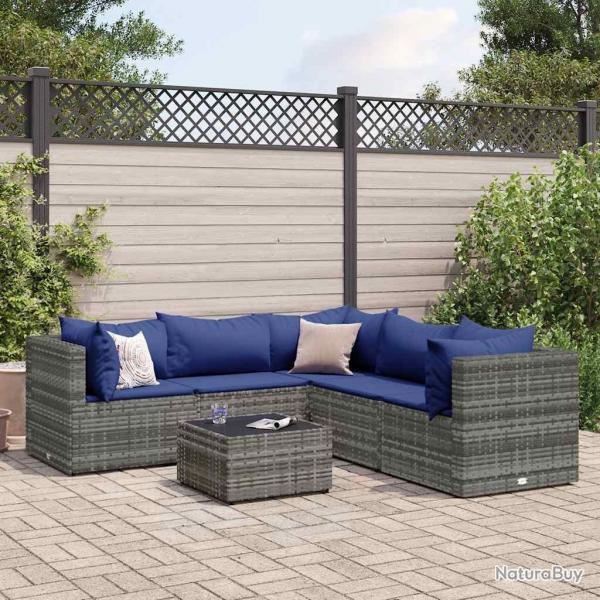 Salon de jardin 6 pcs avec coussins Gris Rsine tresse