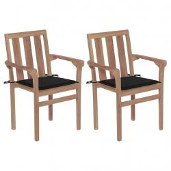 Chaises de jardin lot de 2 et coussins noir Bois de teck massif