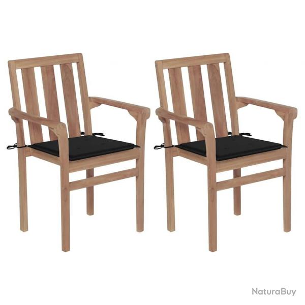 Chaises de jardin lot de 2 et coussins noir Bois de teck massif