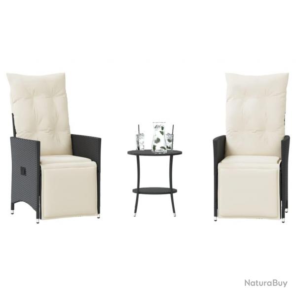 Ensemble de bistro 3 pcs avec coussins noir rsine tresse