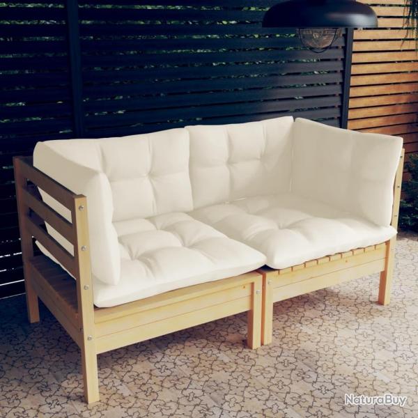 Canap 2 places de jardin et coussins crme Bois de pin solide
