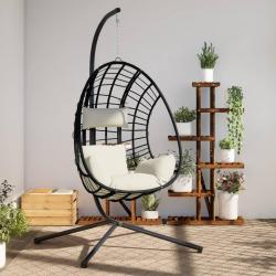 Chaise suspendue en forme d'oeuf et support beige rotin et acier