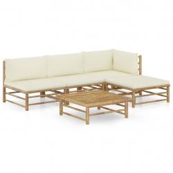 Salon de jardin 5 pcs avec coussins blanc crème bambou
