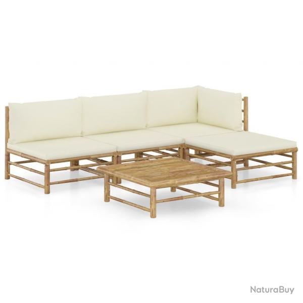 Salon de jardin 5 pcs avec coussins blanc crme bambou