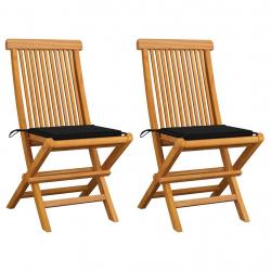 Chaises de jardin et coussins noir lot de 2 Bois de teck massif