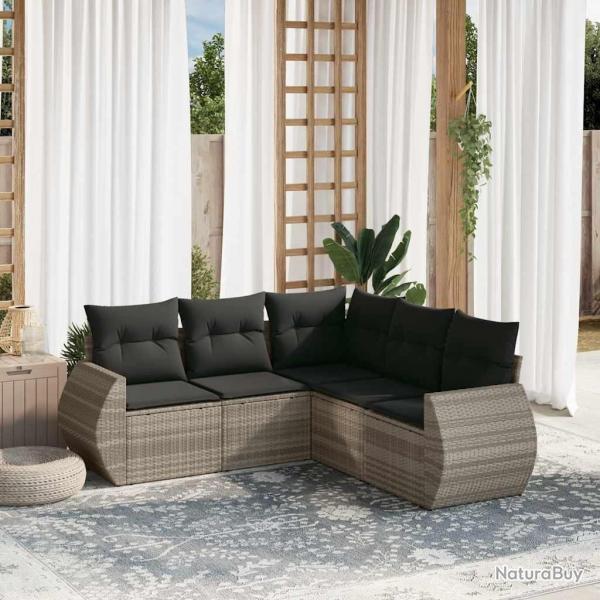 Salon de jardin 5 pcs avec coussins gris clair rsine tresse